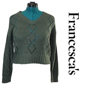 Francescas Olive Green V Neck Diamond Cutout Knit Sweater Size Small